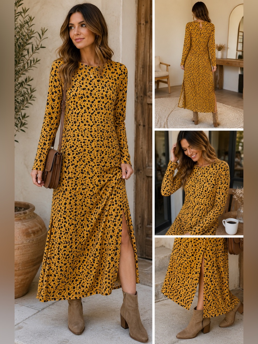 Divided Mustard Floral Maxi Dress | Long Sleeve Side Slit | Size Mediu